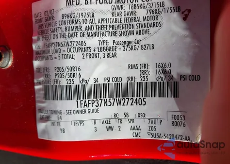 2007 Ford Focus S/Se/Ses из США, поврежденный, VIN 1FAFP37N57W272405